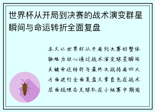 世界杯从开局到决赛的战术演变群星瞬间与命运转折全面复盘